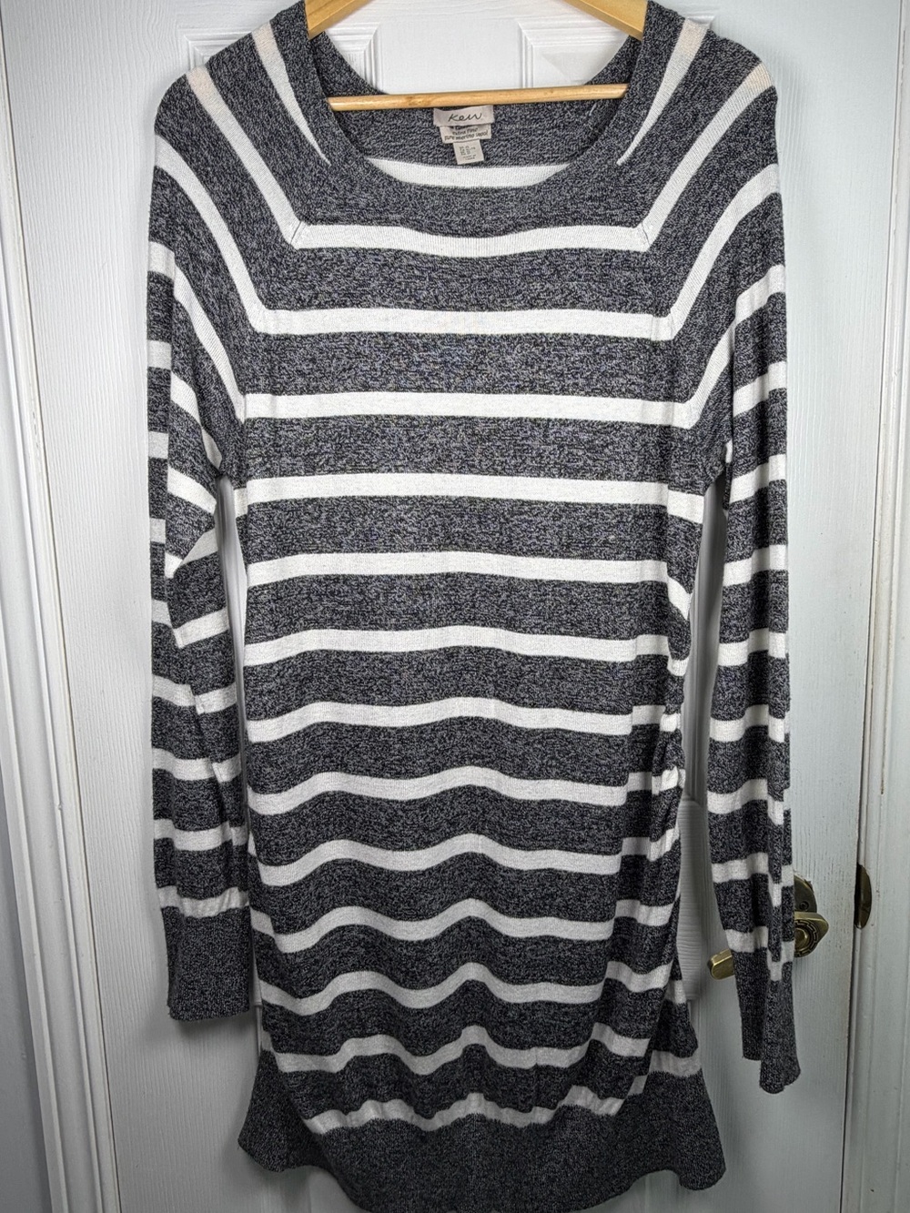 Kew Merino Wool Dress XL Grey White Striped Long Sleeve Minimalist Quiet Luxury